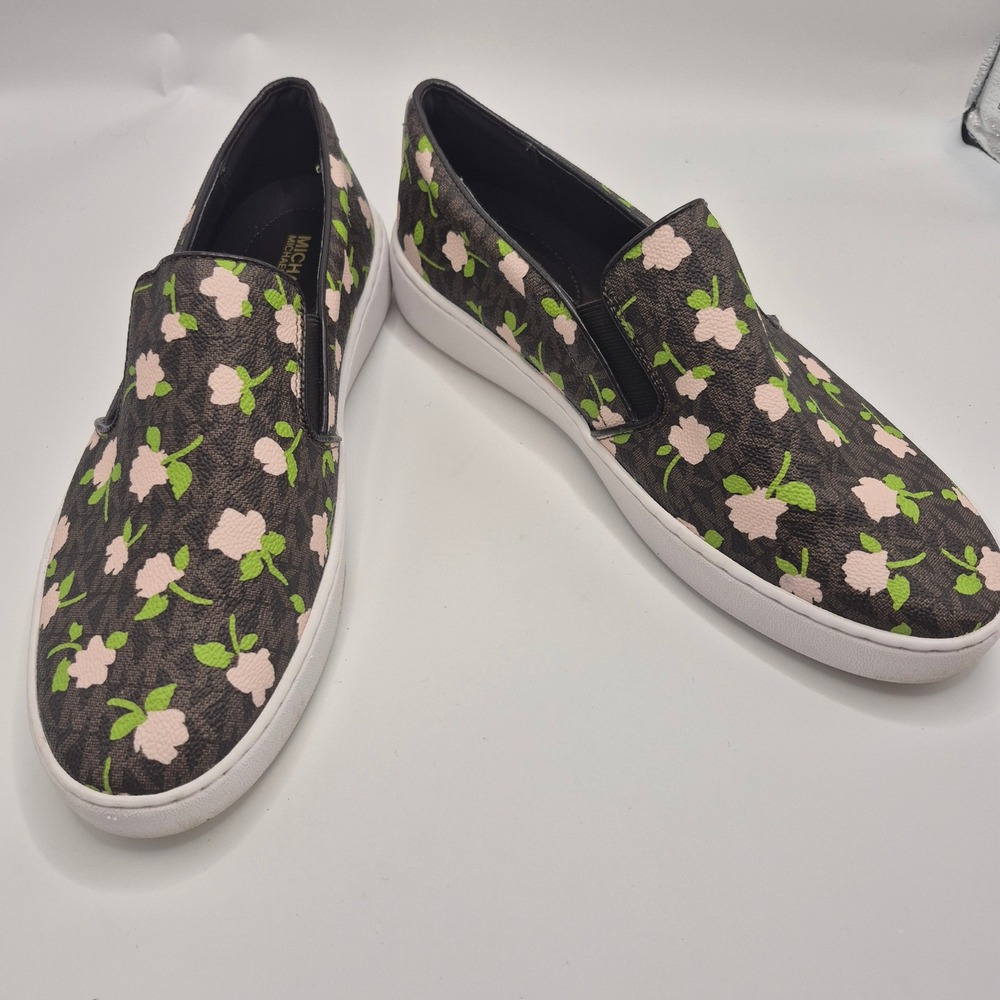 Michael Kors Keaton Slip On Sneakers Floral MK Monogram Brown Pink 9.5M FT20L